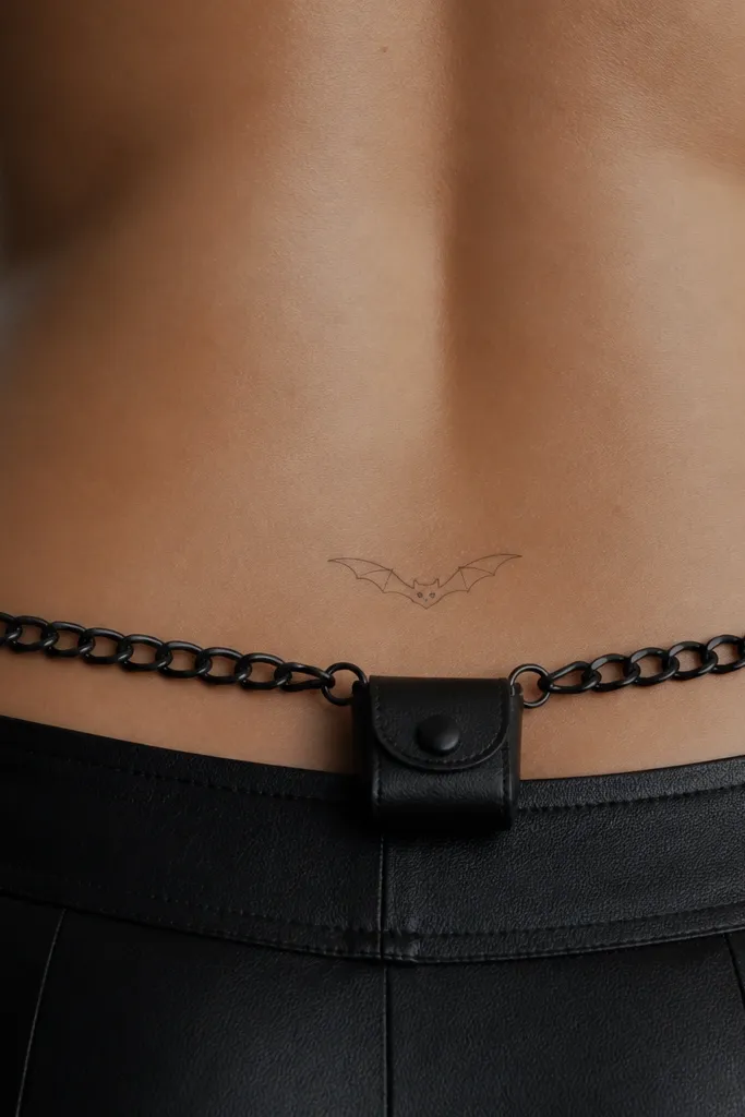 A black chain belt wraps the waist with a tiny micro pouch near center back. The bat tramp stamp is minimalist - thin line wings with small dot eyes - sitting just above the pouch.
