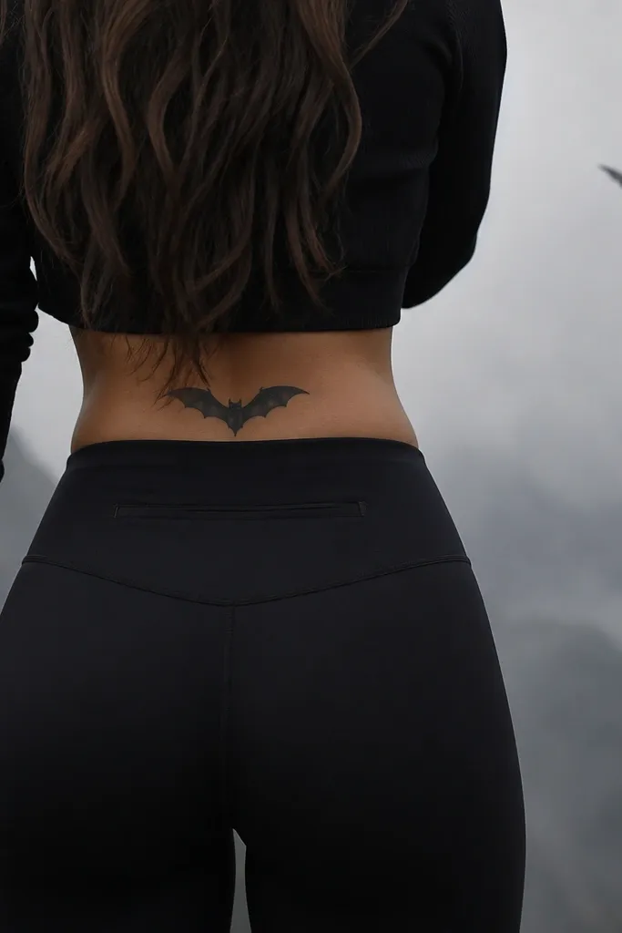 Black high-waist leggings show a hidden back pocket seam. A dark bat silhouette tramp stamp sits above the pocket seam, with a single bat flying and soft gray fog.