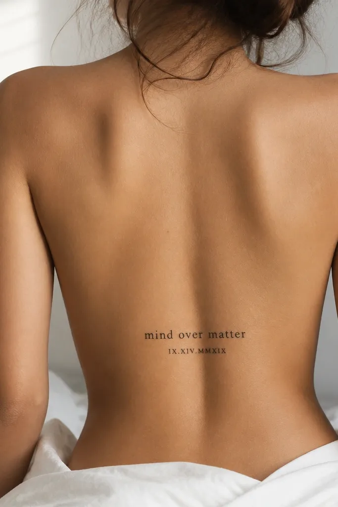 A short word phrase in black, with smaller Roman numerals directly beneath it, centered on the lower back, balanced spacing between lines.