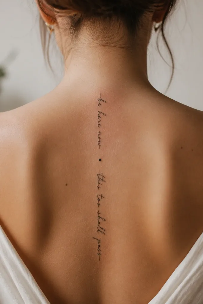 A two-line quote in black script, with a small solid dot centered between the lines, both lines aligned to the spine.