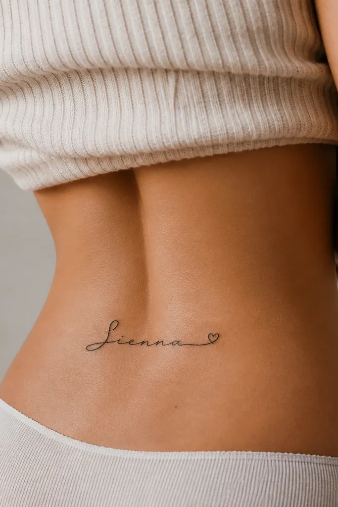 A cursive signature name in black with a tiny heart-shaped flourish at the end, centered on the lower back, delicate but bold enough to read.