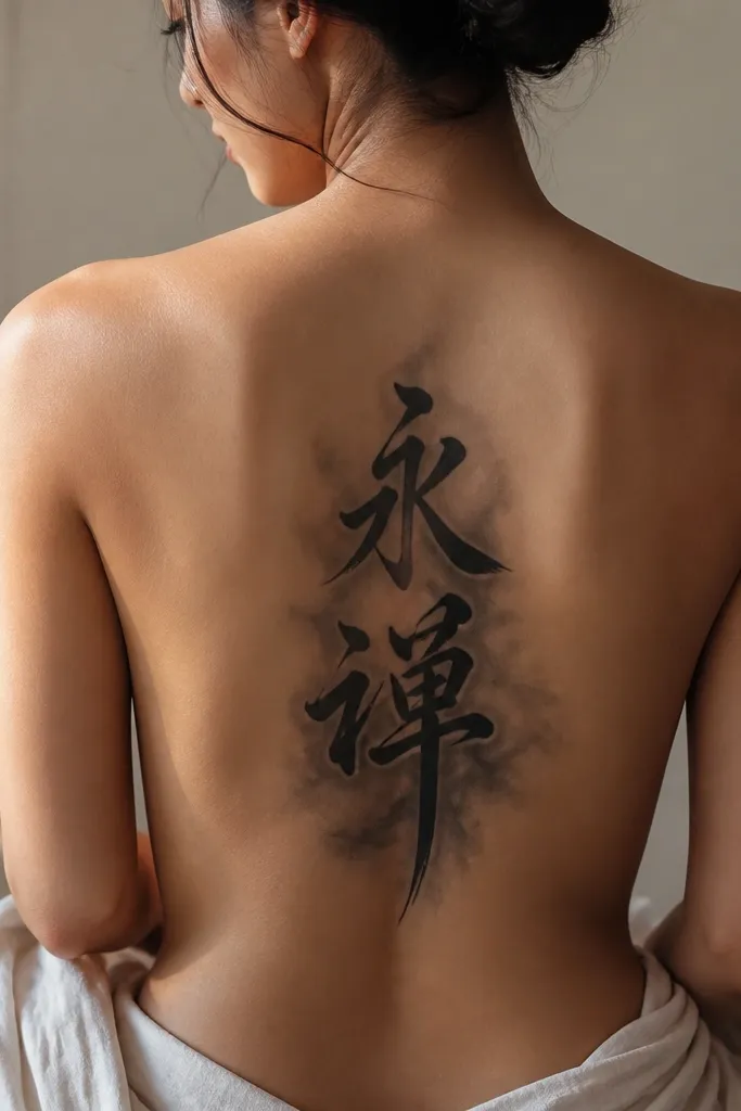 Black calligraphy words with a soft gray shadow wash behind them on the lower back, centered, with the shadow fading outward.