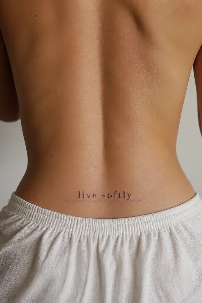 A short serif phrase in fine black lines, with a single thin underline extending slightly beyond the first and last letters, centered on the lower back.