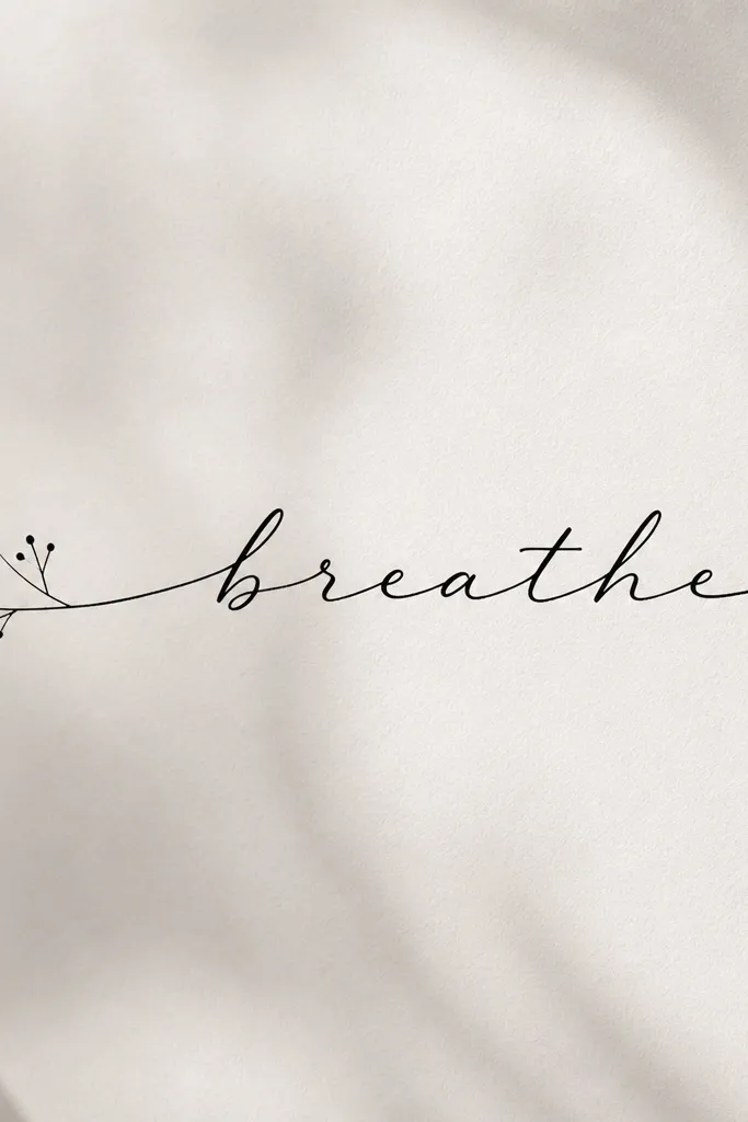 A black cursive phrase centered with a tiny minimalist branch line drawing on the left side, leaves as small dots, balanced composition.