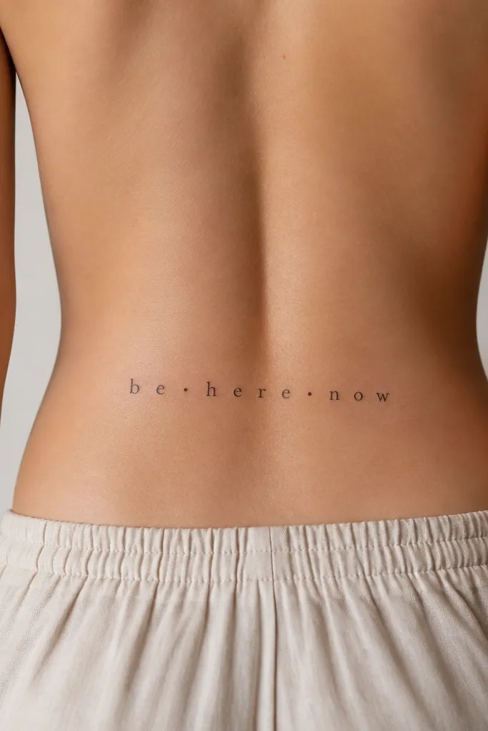 A short phrase where small dot markers sit between certain letters, like typography with punctuation dots, black ink, centered on the lower back.