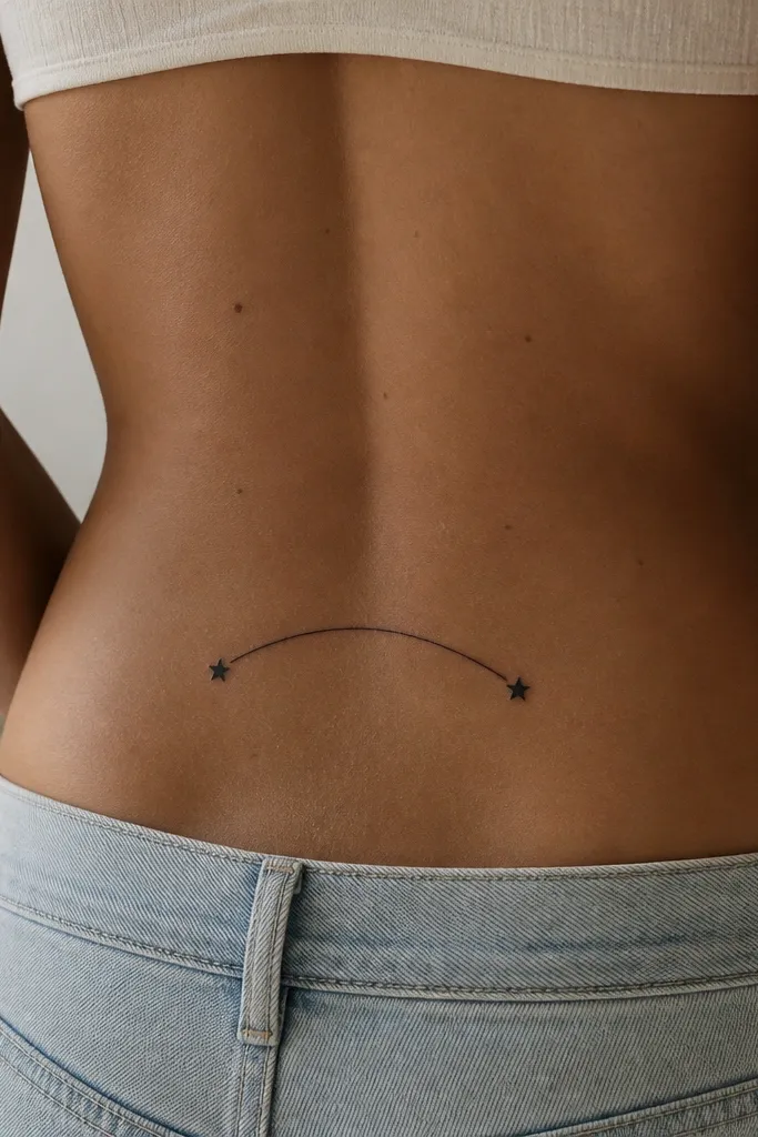 An arched black quote with a tiny five-point star at both ends, centered on the lower back, stars the same size and aligned with the arch ends.