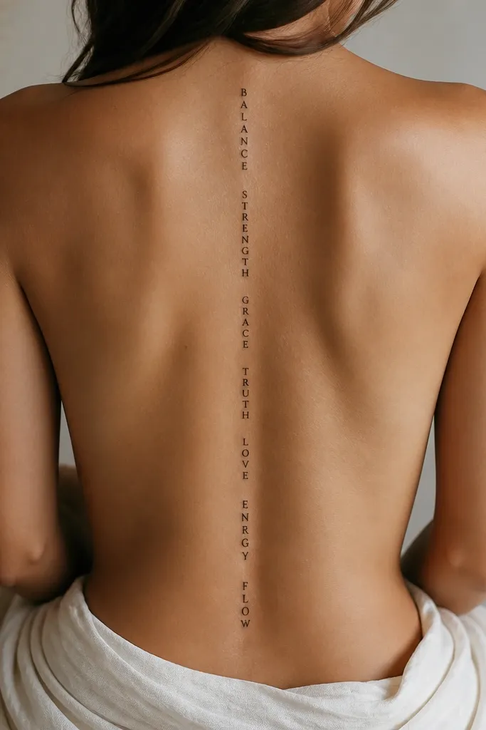 A vertical column of words in black, stacked letters aligned along the spine, with each word separated by small spacing, centered on the lower back.