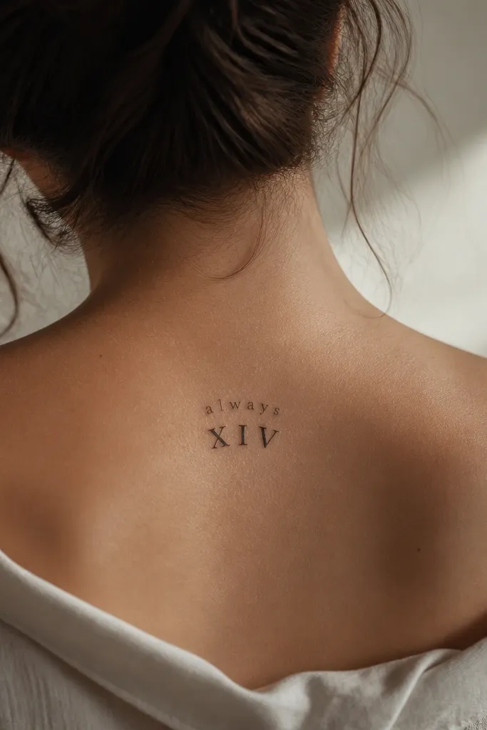 A small set of Roman numerals in the center, with a short word phrase above it like "always" in tiny print. The numerals are darker and slightly thicker than the word. Everything is aligned to a gentle curve.