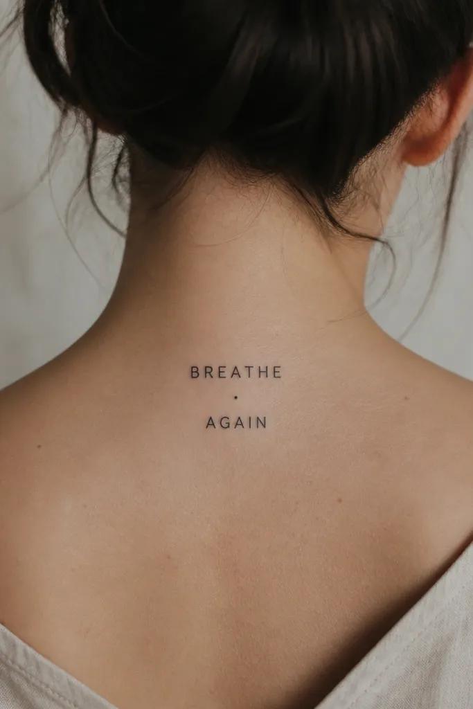 A two-line tattoo: "BREATHE" on the top line and "AGAIN" below it. A single small dot sits centered between the lines. The letters are simple sans-serif, uppercase, and the whole piece is balanced.