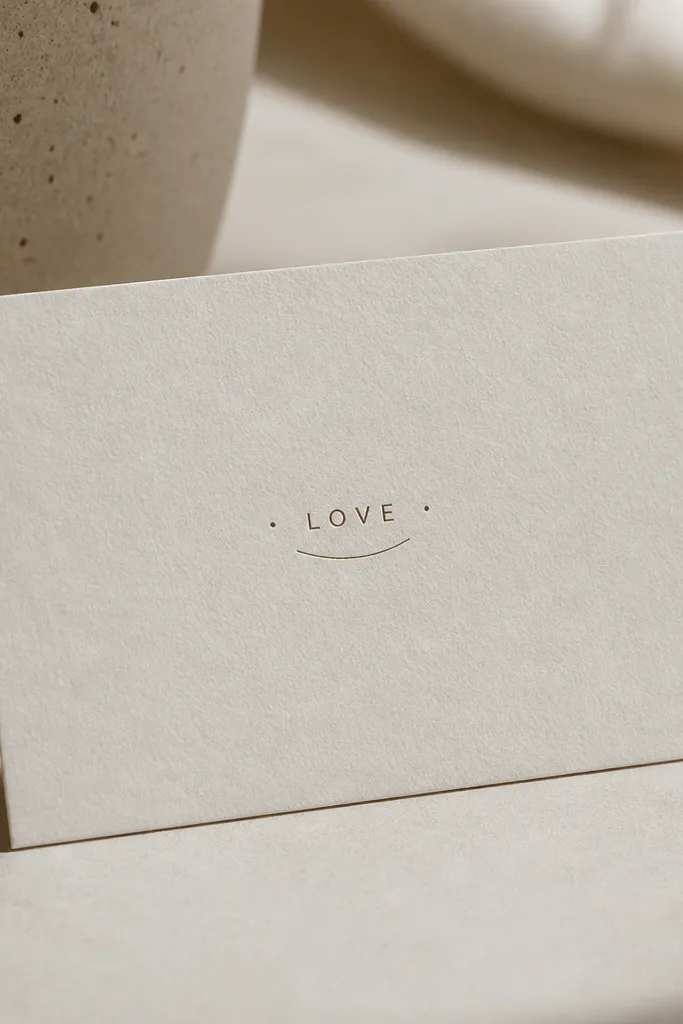 The word "LOVE" in small uppercase letters, centered. Under it is a curved underline like a shallow smile. On each side of the word are two tiny dots, forming a subtle bracket effect.