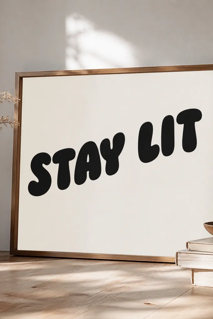 "STAY LIT" in a rounded bubble script style, filled in solid black. The letters have soft corners and no outline. The phrase is angled slightly upward on the right side.