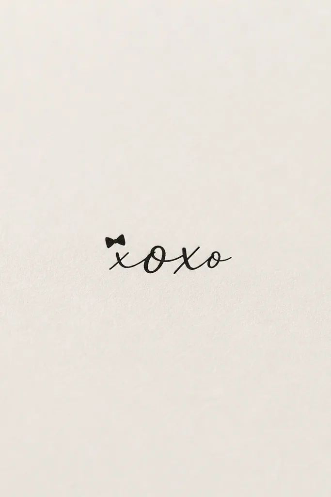 A small "xoxo" in lowercase script, with the center letters slightly larger. Above the first x is a tiny bow tie drawn in solid black. Everything is centered and compact.