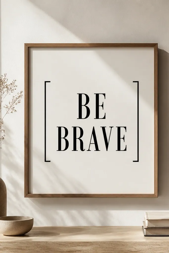 "BE" on top and "BRAVE" below it, stacked vertically. On the left and right sides are two short vertical bracket lines that frame the text. The letters are uppercase, slightly serifed, in solid black.