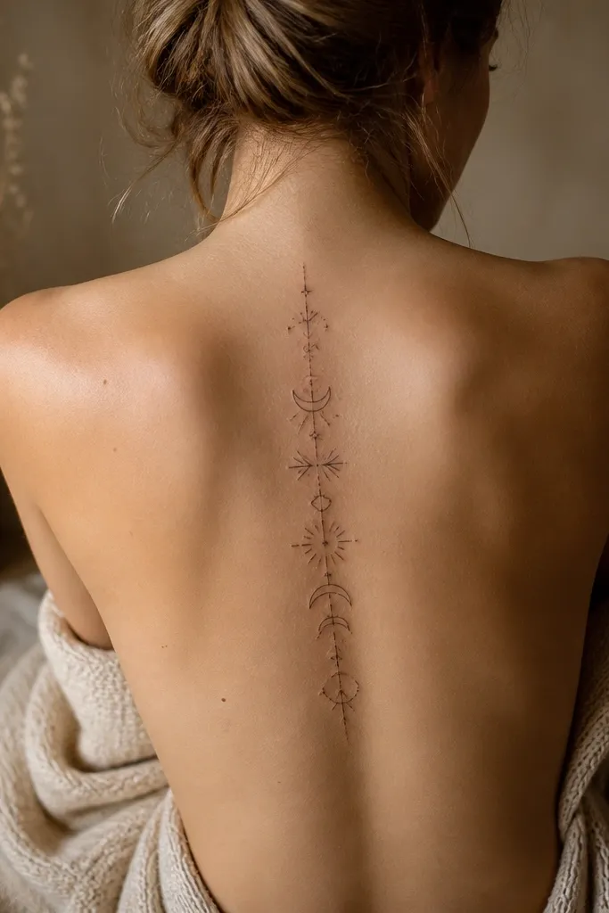 A thin black arc tattoo runs along the center of the back, with small clustered stars on both sides. The stars vary in size, and a few tiny dots create a light dusting effect around the arc.