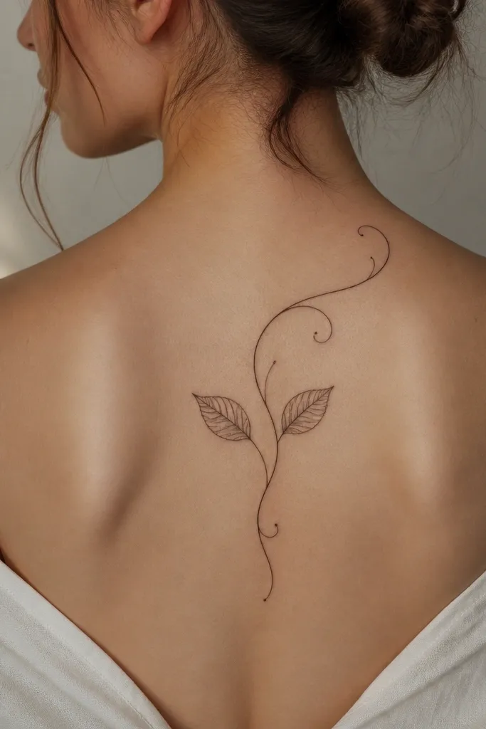 A delicate vine starts near the top outer shoulder blade and curls inward. Two leaves sit symmetrically left and right of the spine line, with visible vein lines and tiny dots at the vine tips.