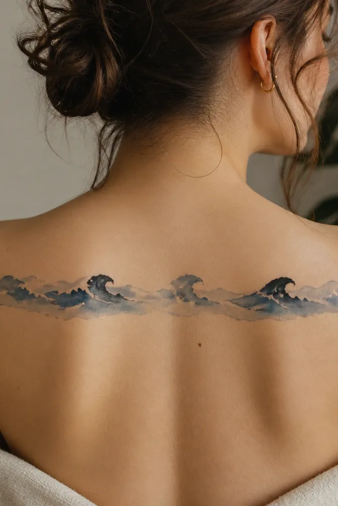 A horizontal band of wave shapes sits across the upper back. The waves are mostly soft blue-gray watercolor, with a few solid black wave crests and tiny white gaps that look like foam.