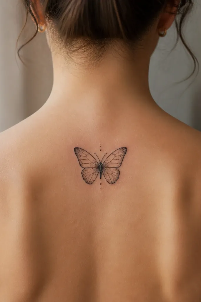 A small butterfly sits centered on the upper-mid spine. The outline is crisp black, while the wings use tiny dot shading that fades outward, with a few micro dots around the body.