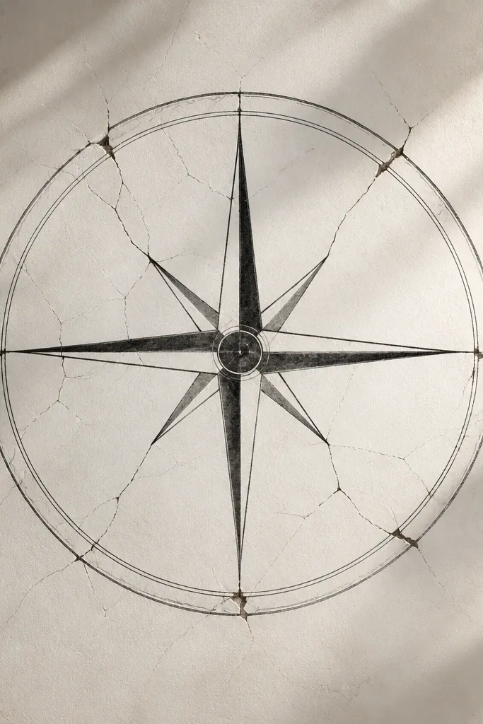 A compass outline is drawn in thin black lines, with the outer ring cracked in a few places. The center needle is thicker and darker, and the cracks radiate outward like hairlines.