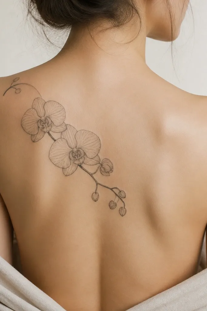 A single orchid branch curves from the upper left shoulder blade toward the center. Petals have tiny line veins, and the stem is thin with small buds. There's minimal shading, mostly linework with soft gray near the base.