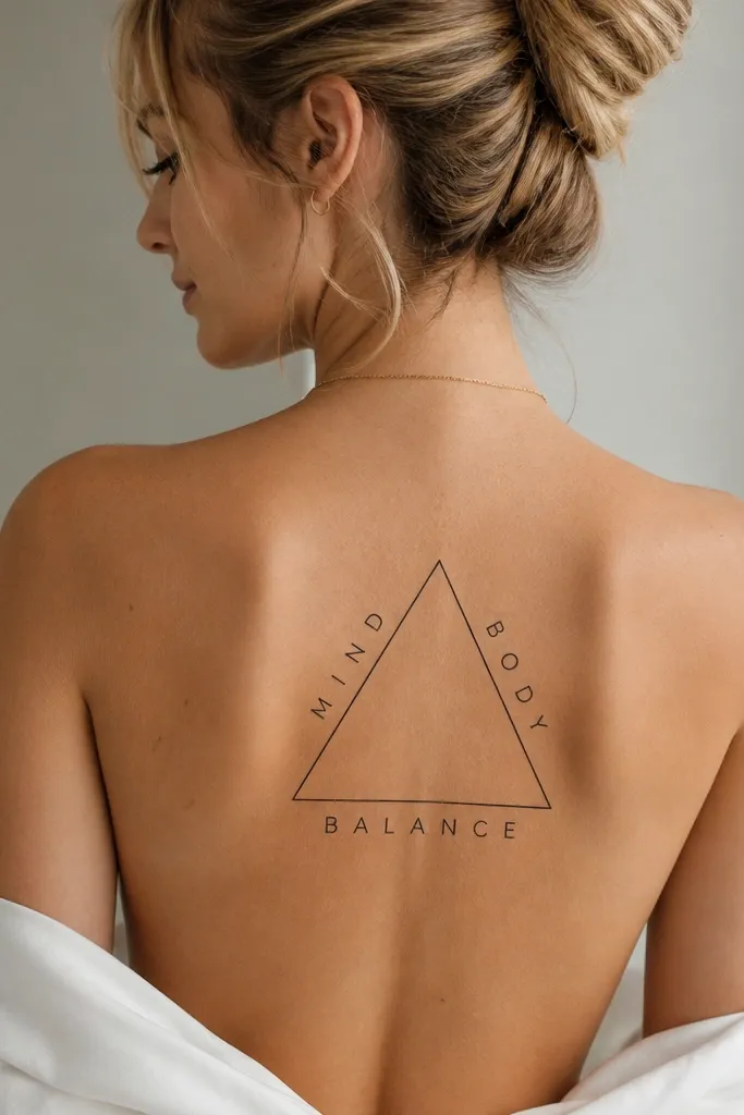 A thin triangle outline sits centered on the back. Inside it, small uppercase letters are spaced evenly, with one or two words arranged along the triangle's inner edges. The lines are crisp black.