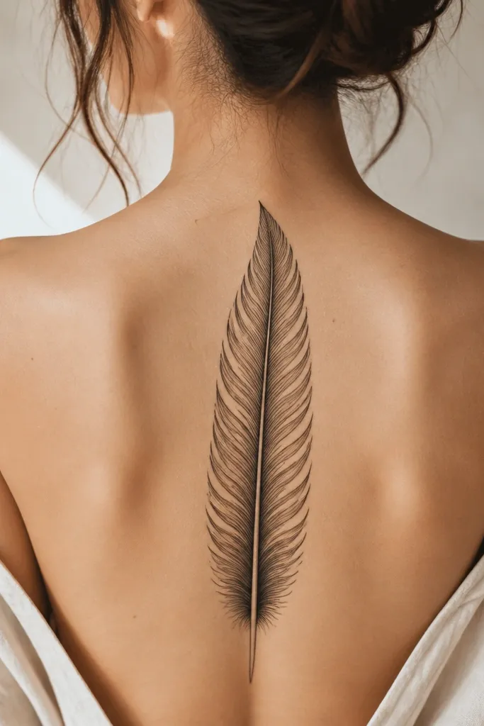 A feather runs vertically along the spine, inked with layered barb lines. The central quill is slightly thicker, and each barb has a small taper. Light gray shading sits near the base of the feather.