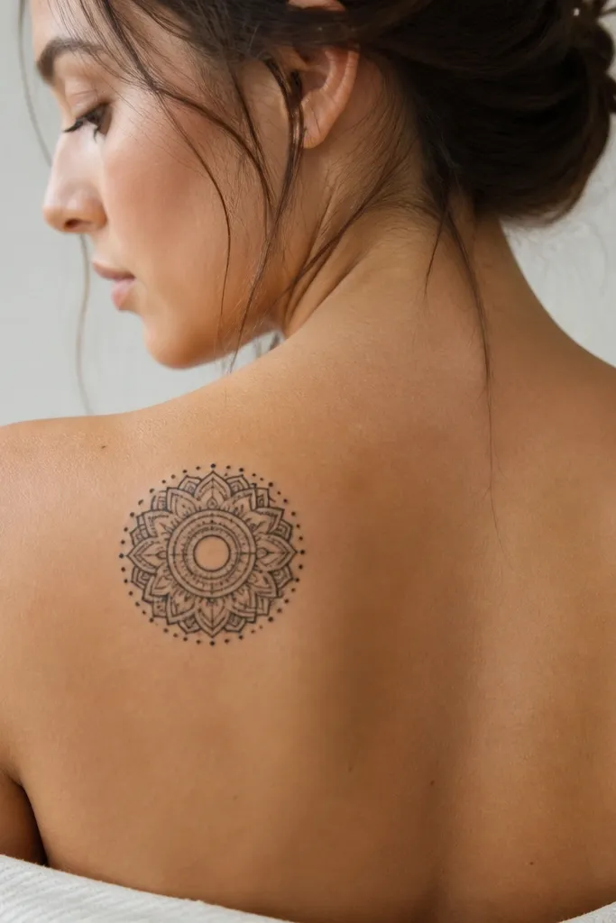A compact mandala sits on one shoulder blade corner. It has a ring of small dots, then petals, then a central circle. The lines are black with minimal gray shading in the innermost rings.