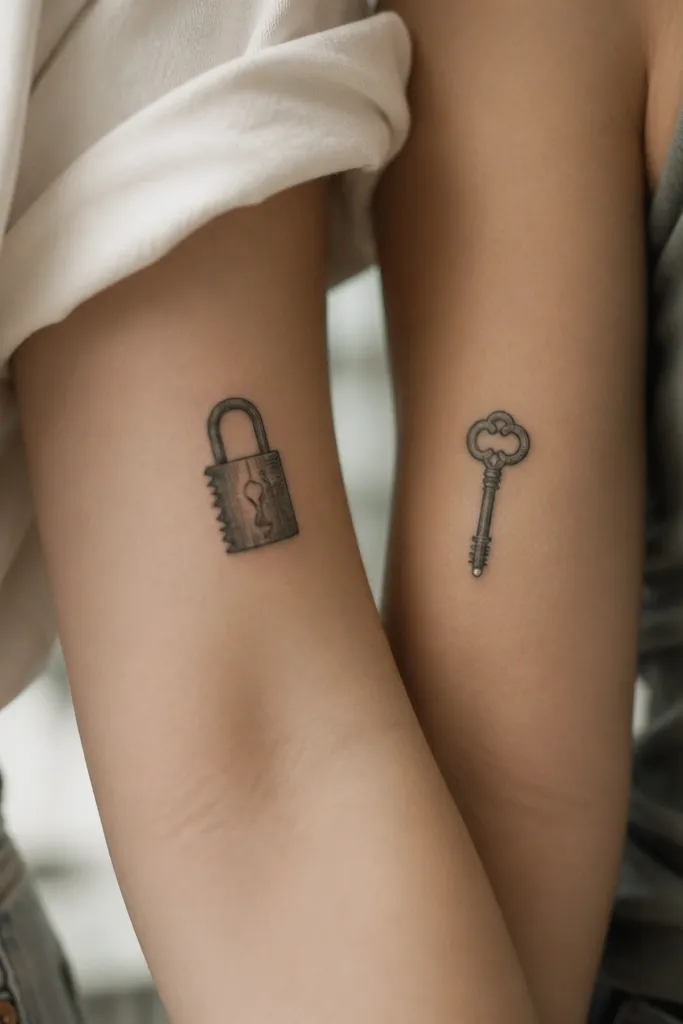 One tattoo shows a small lock with sharp-toothed ridges; the other shows a matching key with fine teeth. On both, the teeth have tiny line cutouts, and the key tip has a small dot highlight.