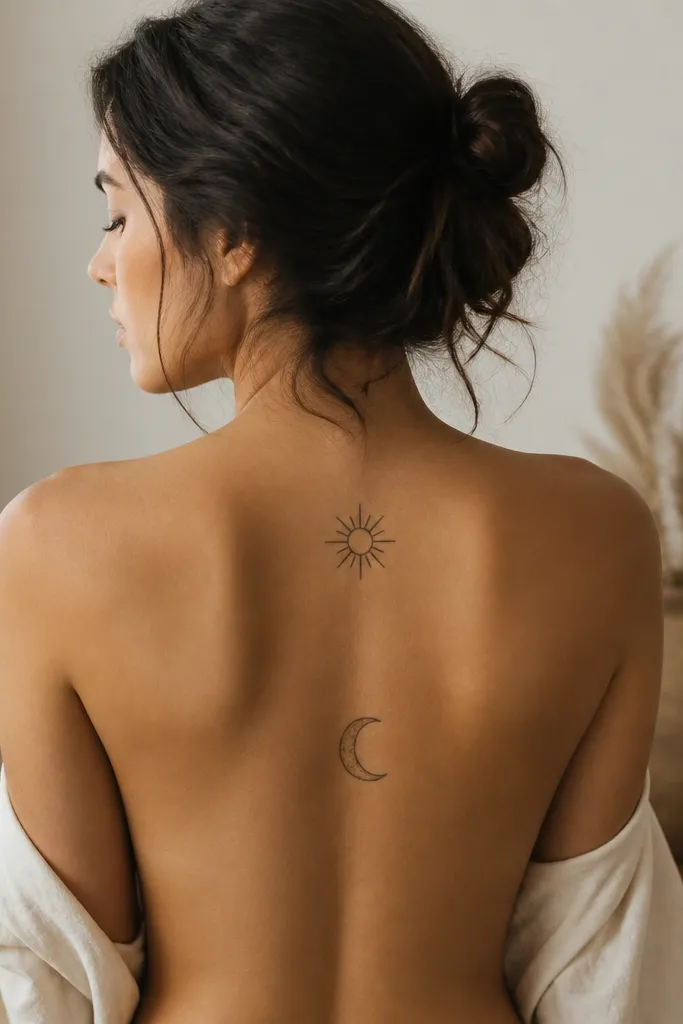 A small sun icon sits on the upper spine and a moon icon sits lower, both aligned on the centerline. The sun has short straight rays, and the moon has a clean crescent with tiny craters.