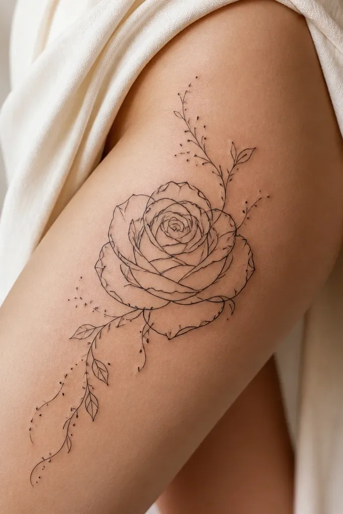 A rose outline uses black ink for the petals but leaves lace-like gaps inside the petals. The background is mostly skin, with thin vine lines and small dot clusters around the rose.