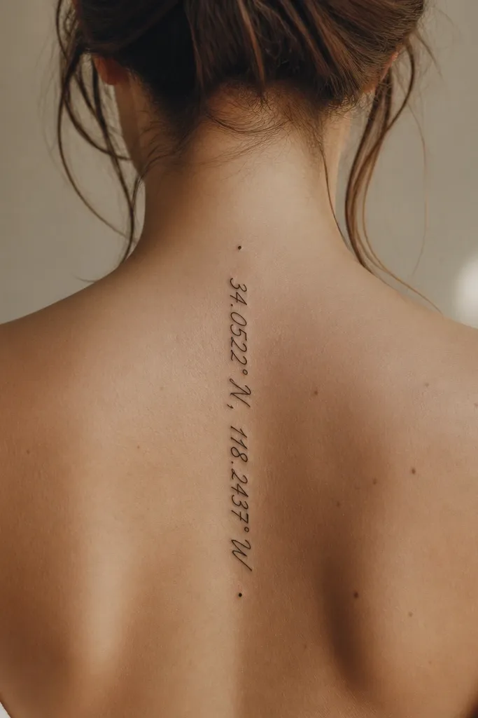 A single thin script line reading coordinates, centered near the spine with a small dot divider at the top and bottom, black ink.