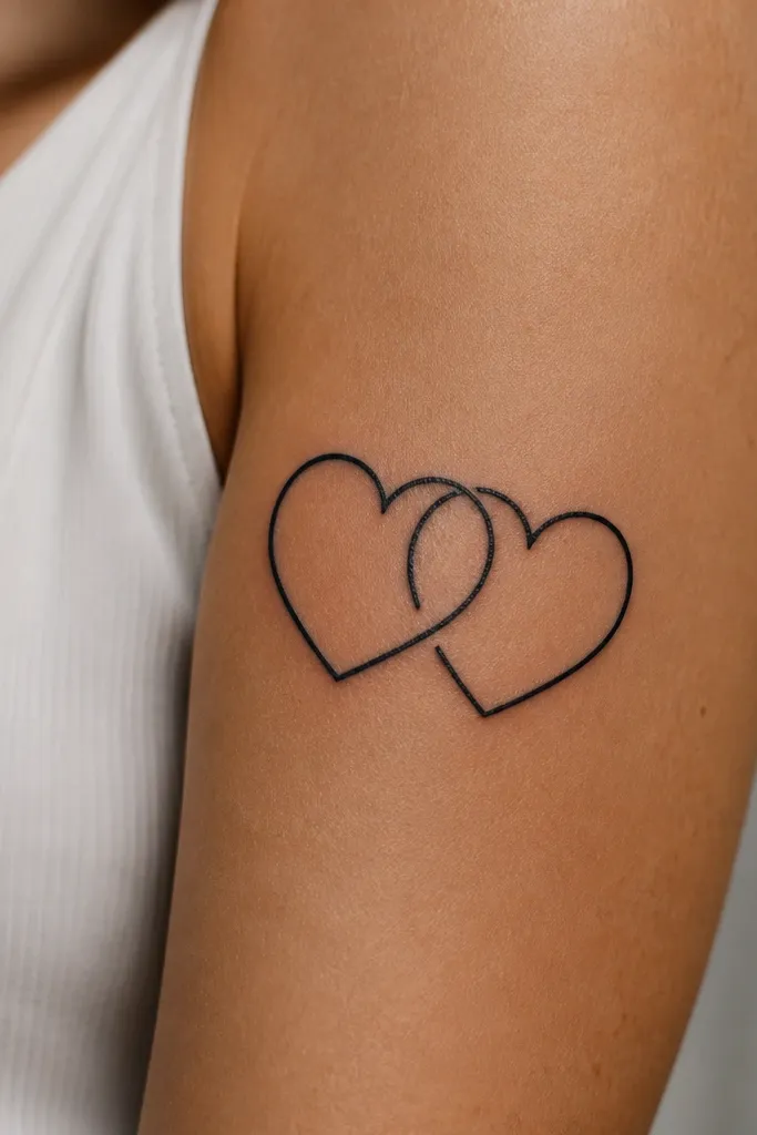 Two hearts interlock like a chain, drawn with clean black outlines and a deliberate gap in the center where the skin shows through.
