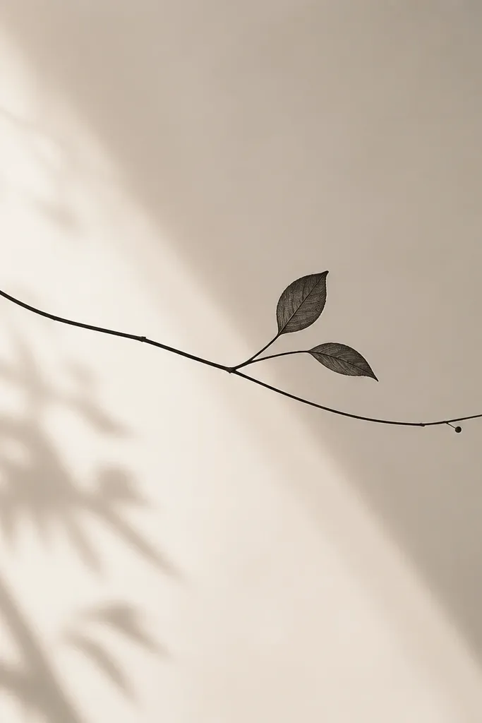 A slim black botanical branch that curves from left to right with two small leaves near the center and a few tiny dots trailing off.