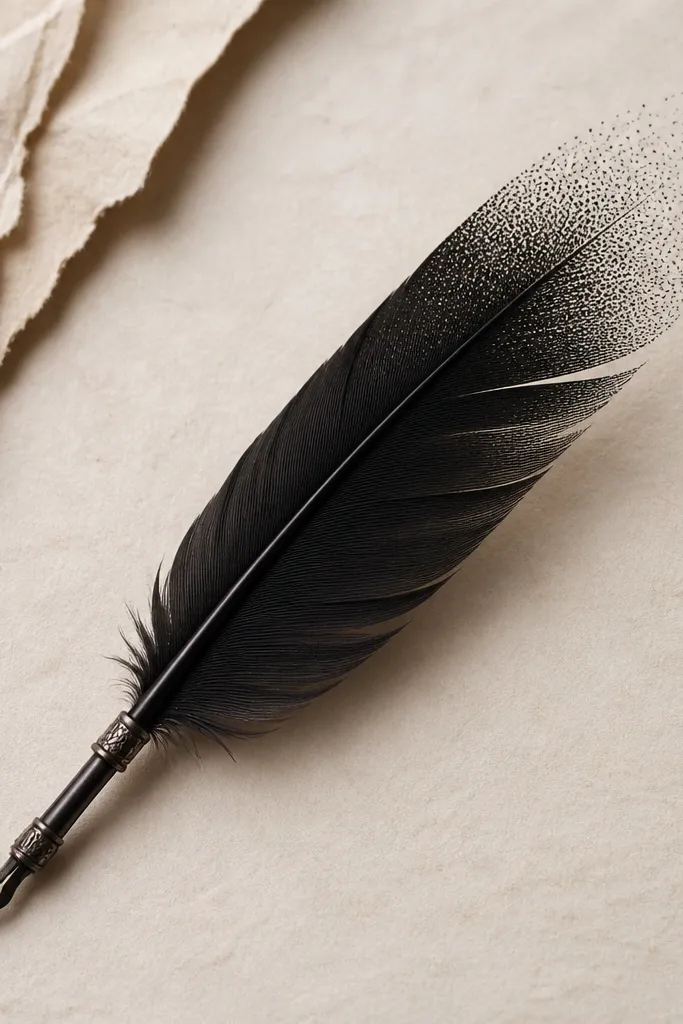 A black feather quill angled diagonally, with fine barbs and a small gradient made from tiny dotwork at the feather tip.
