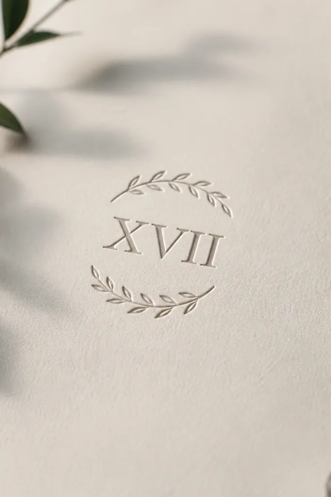 Roman numerals in the center, wrapped by a thin laurel leaf outline that forms a small half-circle above and below.
