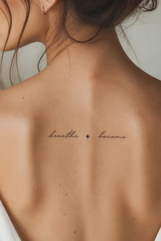 A short two-word phrase in thin script split by a small diamond symbol, centered near the spine in black ink.