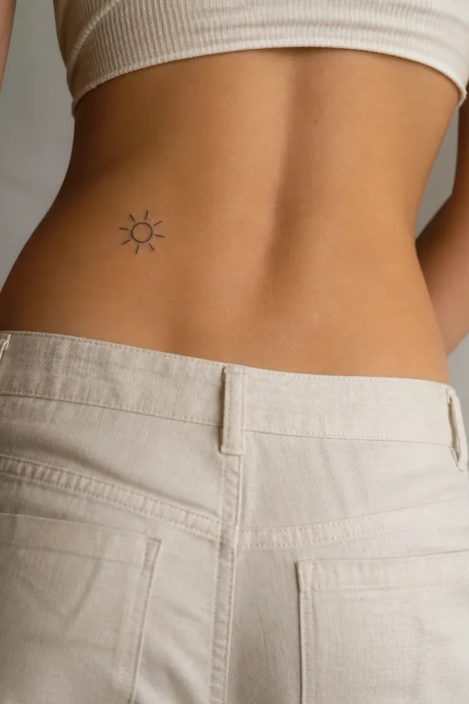 A small circle with eight short rays around it, like a mini sun icon, placed on the upper left side of the lower back, black ink.