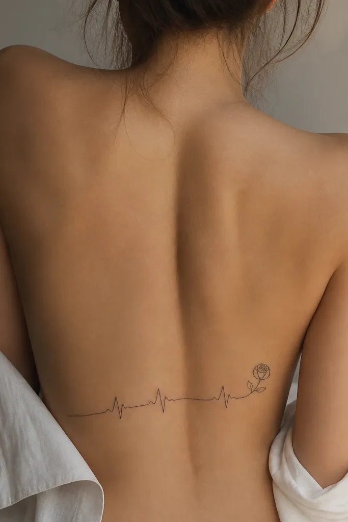 A thin heartbeat line that curves across the lower back and ends in a small rose outline at the right end, black ink with no color fill.