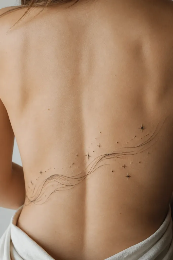 A flowing abstract wave line with small star dots scattered above it, positioned diagonally across the lower back, black ink.