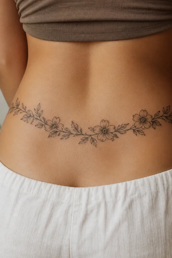 A black floral band that wraps the lower back like a belt, with small blossoms and leaves, mostly in outline with light dot shading.