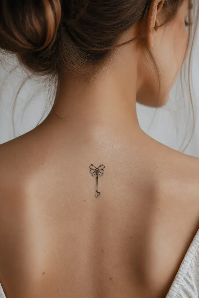 A small key outline with a bow-like top detail, centered near the spine and drawn in black linework.