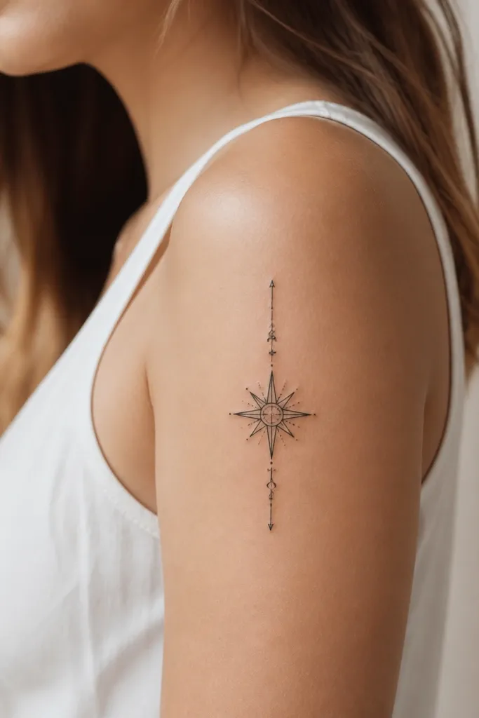Two clean lines of script in black ink with a small compass rose between them, placed vertically on the outer upper arm.