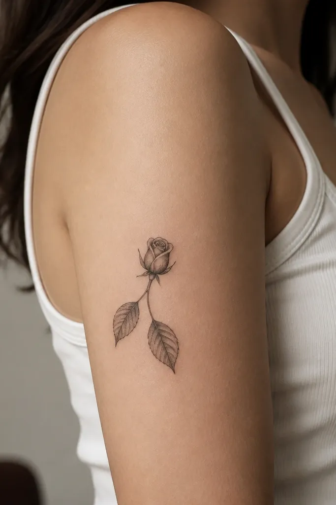 A small rosebud sits at the upper outer arm with two leaves extending downward, shaded lightly in black with crisp leaf vein lines.