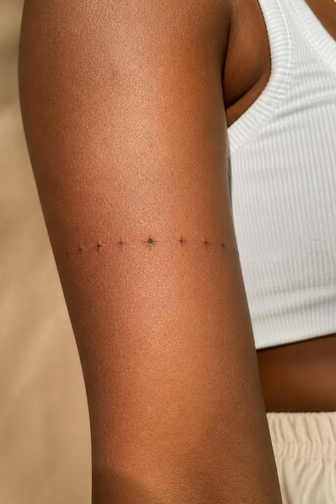 A horizontal band wraps the outer upper arm with evenly spaced micro stars, and a single larger center dot at the middle.