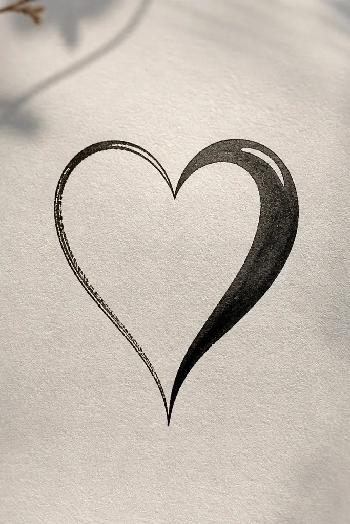 A teardrop-shaped heart outline in black ink with one side shaded darker, plus a small highlight gap near the top.