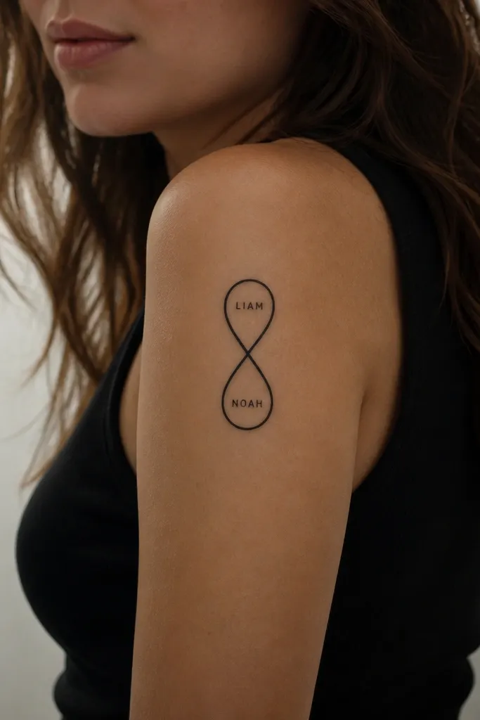 A black infinity symbol with two small rectangular block-letter names tucked inside the loops, vertical orientation on the outer upper arm.