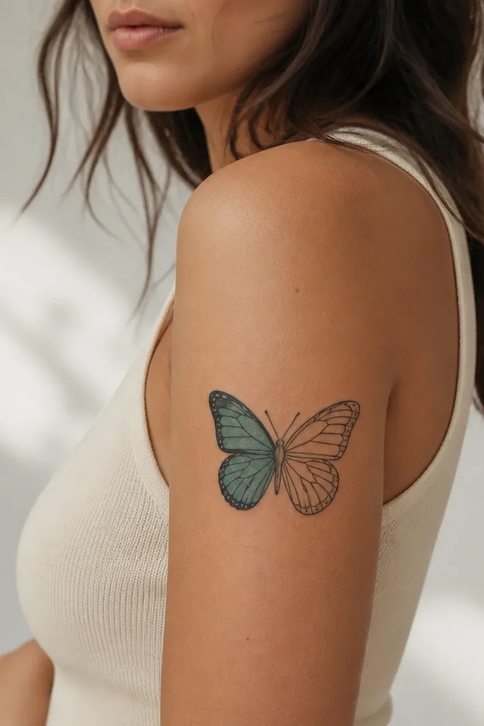 A black linework butterfly on the outer upper arm with one wing filled in muted teal and the other wing left as black outline.