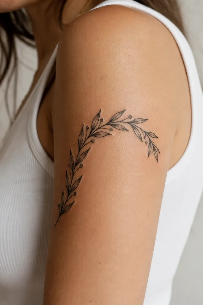 A curved laurel branch arcs over the outer bicep with small berry dots spaced along it, done in black ink with light dot shading.