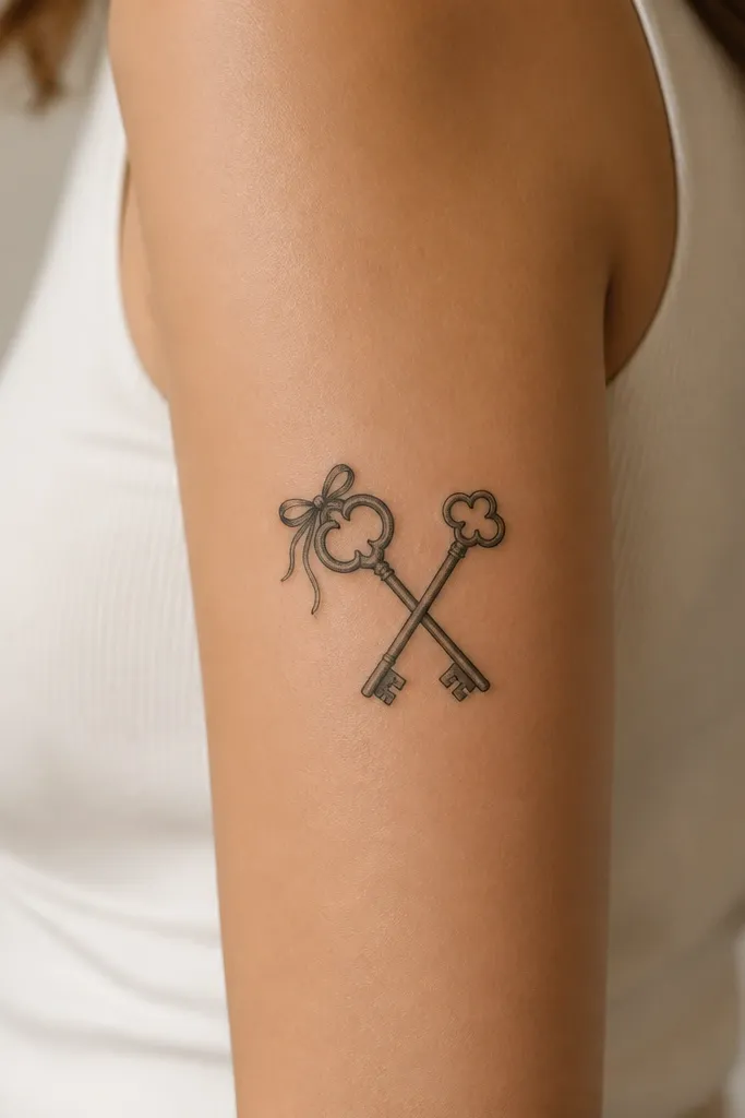 Two crossed keys in black ink on the outer upper arm with a small ribbon bow attached at the top of one key's handle.
