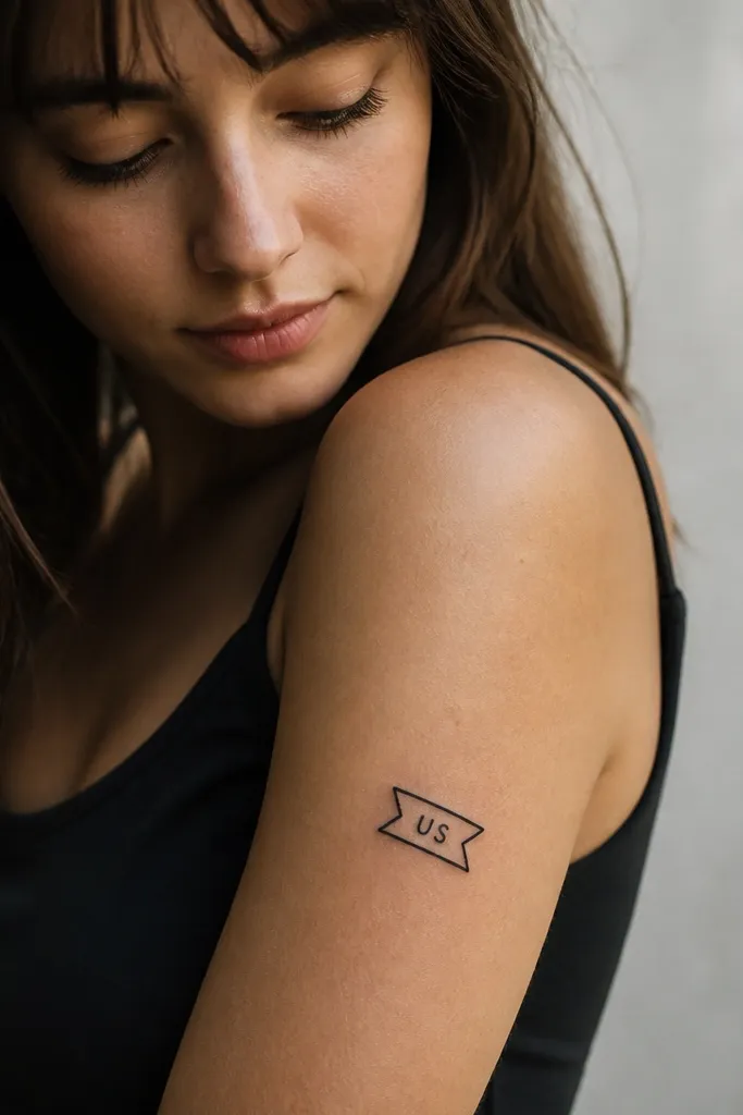 A small banner shape with thick black outline and the word "US" in the center, placed diagonally on the outer upper arm.