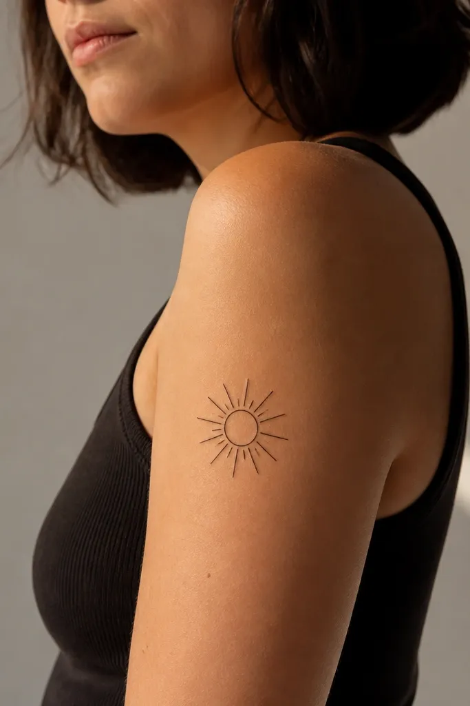 A small sunburst halo behind a simple circle, with 10 to 12 rays in black ink on the outer upper arm.
